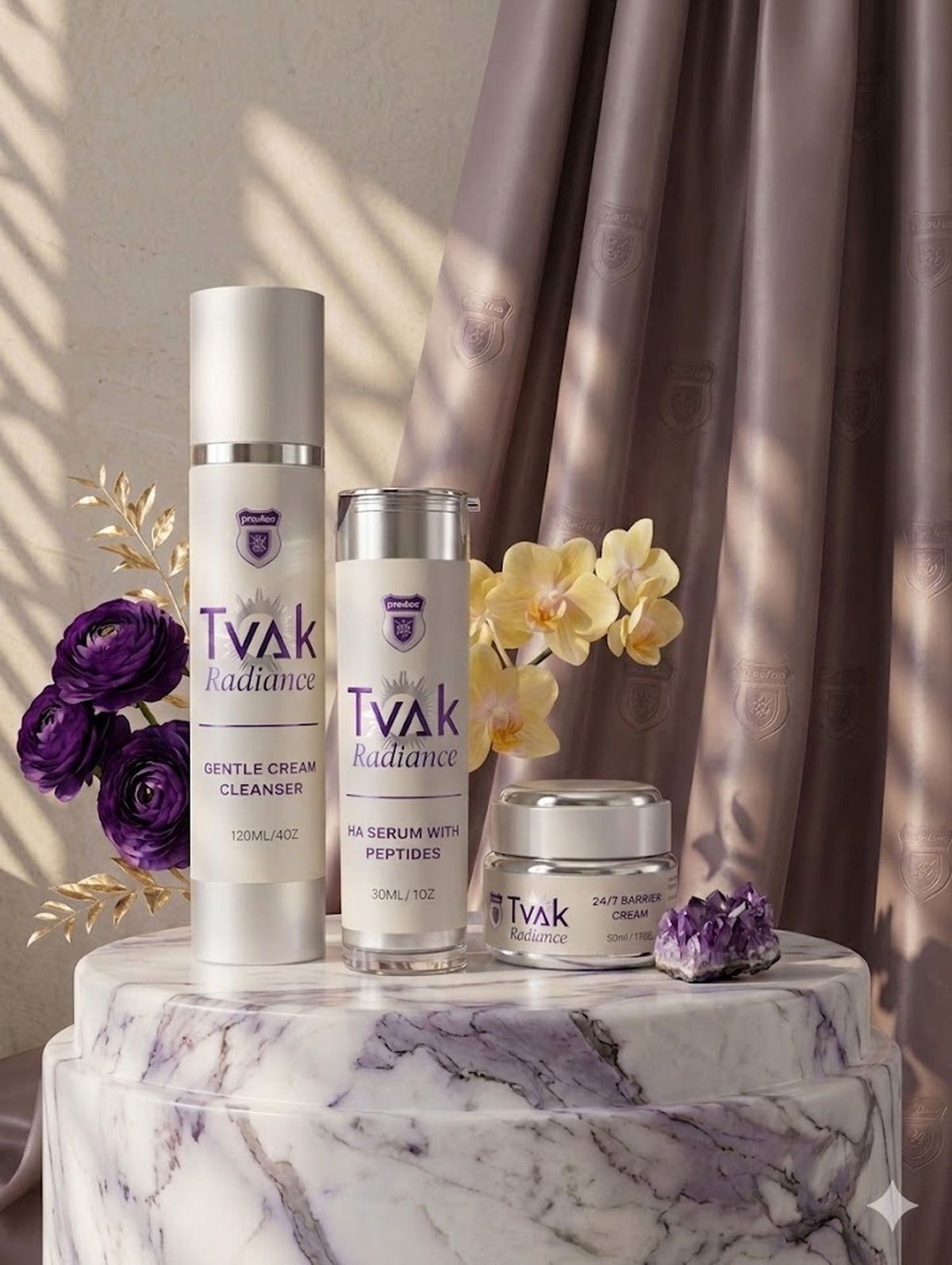 Tvak Radiance Complete Ritual: cleanser, serum and barrier cream